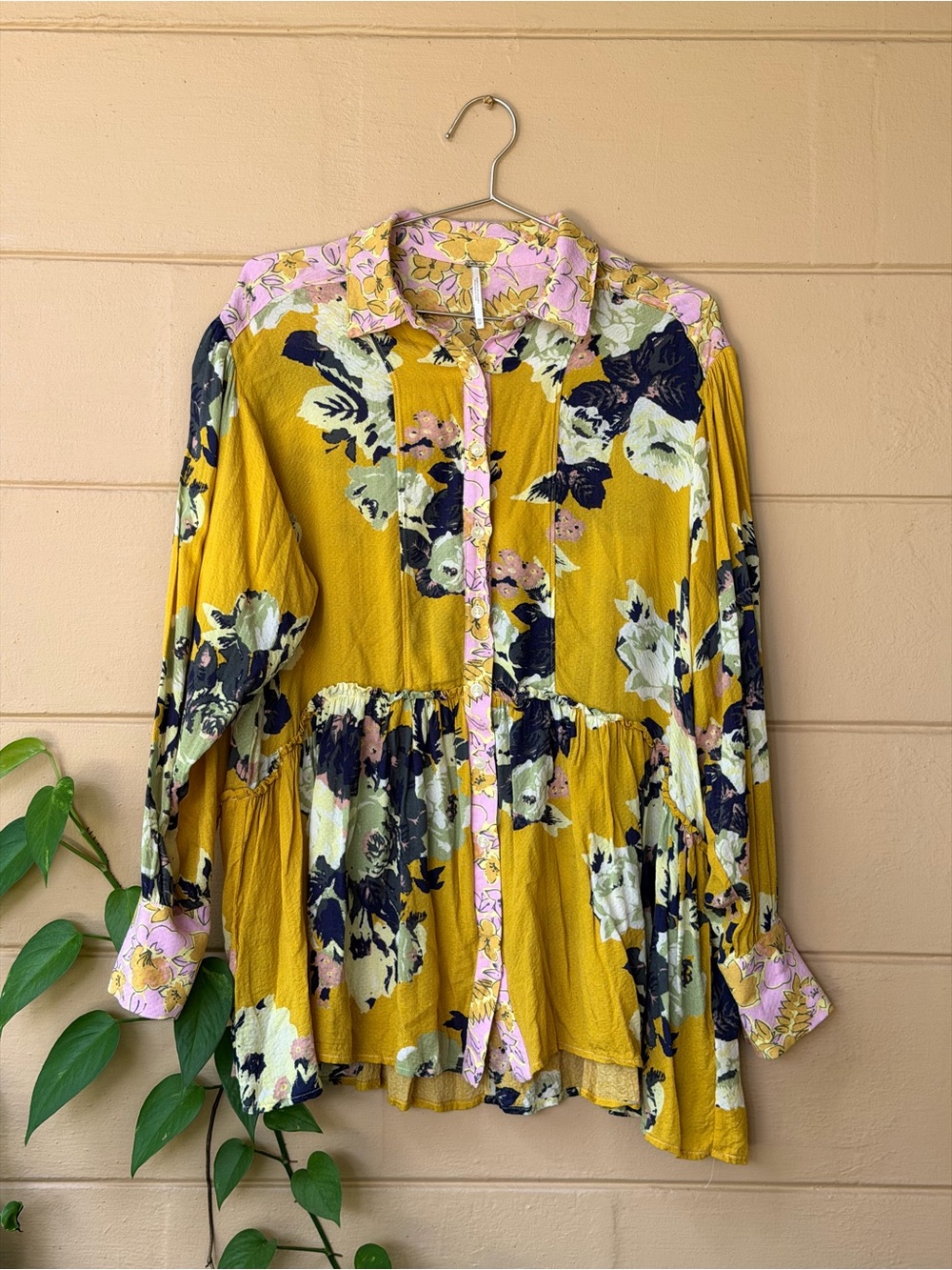 Free People Mustard Floral Button-Up Peplum Tunic with Pink Trim